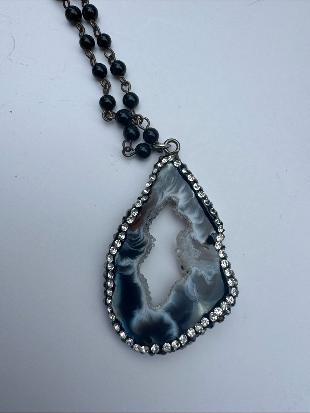 Black and White Agate Teardrop Pendant Necklace with Crystal Trim